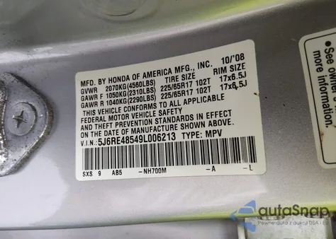 2009 Honda Cr-V Ex from USA, damaged, VIN 5J6RE48549L006213